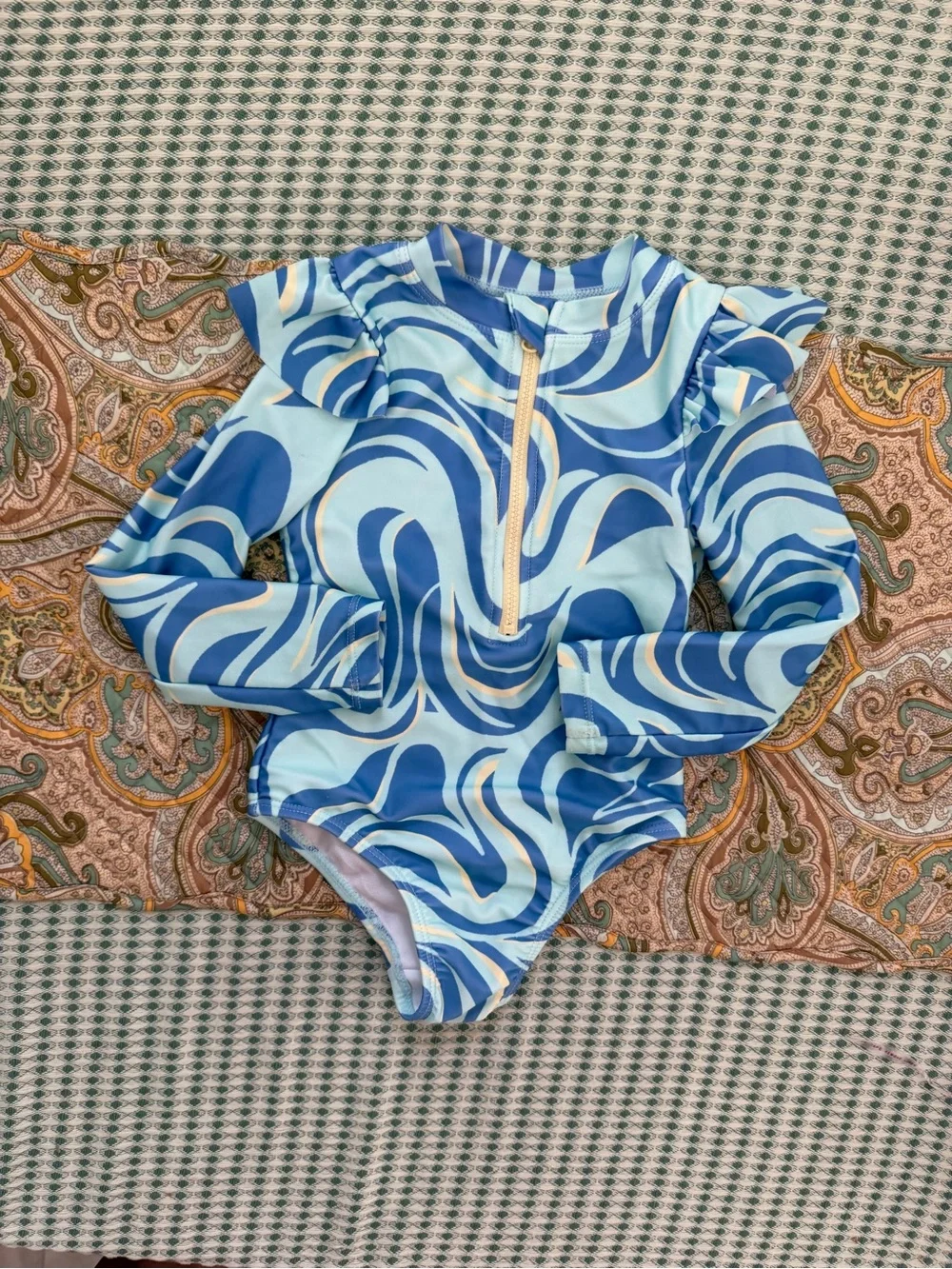 wonder nation Blue & Light Blue Swirl Long-Sleeve One-Piece Swimsuit 2T